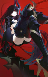 Rule 34 | 1girl, bikini, bikini top only, black bikini, black gold saw, black hair, black rock shooter, black shorts, boots, breasts, chain, closed mouth, crossed legs, high heel boots, high heels, highres, hoojiro, horns, long hair, looking at viewer, pale skin, red background, red eyes, short shorts, shorts, small breasts, solo, swimsuit, thigh boots, thighhighs, very long hair