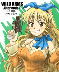 Rule 34 | 1girl, ascot, bad id, bad pixiv id, bare shoulders, blonde hair, blue ascot, blue ribbon, brown eyes, calamity jane, detached sleeves, drill hair, freckles, grin, gun, hair ribbon, handgun, link (aa30), long hair, pistol, ribbon, scarf, smile, solo, translated, twin drills, twintails, weapon, wild arms, wild arms 1