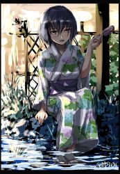 Rule 34 | 1girl, alternate costume, black hair, blush, floral background, food, full body, garden, hair between eyes, highres, i-13 (kancolle), ice cream, japanese clothes, kantai collection, kimono, looking at viewer, medium hair, no shoes, one-hour drawing challenge, open mouth, outdoors, popsicle, seitei (04seitei), sitting, solo