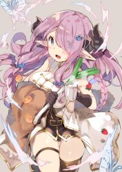 Rule 34 | 1girl, black gloves, black panties, black thighhighs, blue eyes, blush, braid, breasts, bug, butterfly, cup, draph, food, fruit, gloves, granblue fantasy, grey background, hair ornament, hair over one eye, holding, holding cup, horns, insect, kibii mocha, large breasts, long hair, looking at viewer, narmaya (granblue fantasy), open mouth, orange (fruit), panties, pantyshot, pointy ears, side braid, simple background, single thighhigh, solo, spring onion, strawberry, sweat, thigh strap, thighhighs, underwear, very long hair