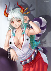 Rule 34 | 1girl, ahoge, aqua hair, arm support, arm up, armpits, artist name, bare arms, bare shoulders, breasts, chain, collarbone, cowboy shot, cuffs, curled horns, elbow rest, flowerxl, green hair, grey hair, grin, hair ornament, hair stick, hakama, hip vent, horns, japanese clothes, kimono, large breasts, leaning to the side, long hair, looking at viewer, multicolored horns, one piece, oni, orange eyes, paid reward available, plunging neckline, red horns, rope, shackles, shimenawa, sleeveless, sleeveless kimono, smile, solo, stomach, very long hair, yamato (one piece), yellow horns
