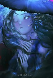 Rule 34 | 1girl, blue eyes, blue hair, blue skin, cloak, colored skin, cracked skin, dress, elden ring, extra arms, extra faces, fur cloak, hat, highres, long hair, looking at viewer, one eye closed, own hands together, ranni the witch, solo, white dress, witch, witch hat, zakuga
