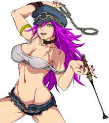 Rule 34 | 1girl, arm up, armband, blue headwear, blue shorts, breasts, chain, cleavage, collar, collarbone, cuffs, denim, denim shorts, final fight, flowerinhell, green eyes, grey shirt, handcuffs, hat, heart, holding, large breasts, long hair, looking at viewer, midriff, navel, open fly, open mouth, pink hair, poison (final fight), police, police hat, police uniform, policewoman, riding crop, shirt, short shorts, shorts, smile, standing, strap slip, tank top, transparent background, uniform, wristband