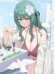 Rule 34 | 1boy, 1girl, arms up, bikini, bird, black ribbon, blue sky, book, breasts, chair, cityscape, cloud, flower, giant, giantess, green eyes, green hair, hair flower, hair ornament, highres, holding, holding book, jumping, kazawa ushi, large breasts, looking down, open mouth, original, plant, potted plant, purple bikini, ribbon, size difference, sky, swimsuit, table, towel, white towel