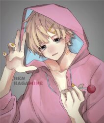 Rule 34 | 1boy, 37 nitrogen, blonde hair, blue eyes, candy, drawstring, ear piercing, english text, food, grey background, hair between eyes, holding, holding candy, holding food, holding lollipop, hood, hoodie, kagamine len, lollipop, male focus, parted lips, piercing, pink sweater, short hair, simple background, sweater, vocaloid