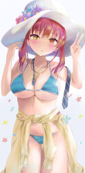 Rule 34 | 1girl, absurdres, bare shoulders, hat, heterochromia, highres, hololive, houshou marine, looking at viewer, mochiki, red eyes, red hair, solo, swimsuit, virtual youtuber, yellow eyes