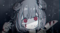 Rule 34 | 1girl, blood, blood on face, blurry, blurry background, commentary, deyui, double bun, english commentary, hair bun, hair ornament, highres, holding, holding knife, hololive, knife, looking at viewer, monochrome, rain, red eyes, skull hair ornament, solo, uruha rushia, virtual youtuber, water drop