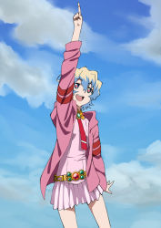 Rule 34 | + +, 00s, 1girl, aged down, blue sky, cloud, cross-shaped pupils, day, hood, hoodie, iyakun, kamina pose, multicolored hair, nia teppelin, official style, pointing, pointing up, short hair, skirt, sky, smile, solo, symbol-shaped pupils, tengen toppa gurren lagann, two-tone hair