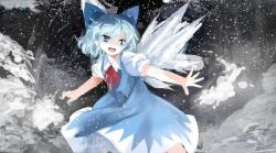 Rule 34 | 1girl, blue dress, blue eyes, blue hair, bow, cirno, dress, fairy, hair bow, hair ornament, ice, ice wings, matching hair/eyes, md5 mismatch, open mouth, outstretched arms, puffy sleeves, resized, short hair, short sleeves, smile, snow, solo, suna (s73d), touhou, vest, wings