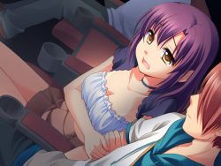 Rule 34 | 1girl, 2boys, arm grab, breasts, cleavage, dated, game cg, ginta, indoors, just as planned (meme), meme, movie theater, multiple boys, purple hair, scared, sitting, skirt, sugar + spice, tears, theater, yellow eyes