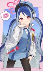 Rule 34 | 1girl, antenna hair, black pantyhose, blue archive, blue hair, blue hat, blue necktie, blue skirt, blue vest, blush, bow, closed mouth, collared shirt, doughnut, food, fubuki (blue archive), grey hair, hair bow, halo, hat, highres, jacket, kanpa (campagne 9), long hair, long sleeves, looking at viewer, multicolored hair, necktie, open clothes, open jacket, pantyhose, parted bangs, pink halo, red eyes, shirt, skirt, smile, solo, streaked hair, twintails, vest, white bow, white jacket, white shirt