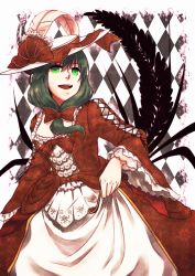 Rule 34 | 1girl, alternate costume, alternate headwear, breasts, cleavage, dress, female focus, front ponytail, gown, green eyes, green hair, hair ribbon, hat, hat feather, hat ribbon, kagiyama hina, matching hair/eyes, multicolored clothes, multicolored dress, open mouth, red dress, ribbon, small breasts, smile, solo, touhou, urita (vivivinicol), victorian, white dress