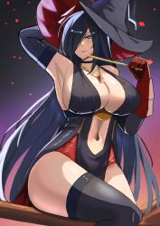 Rule 34 | 1girl, absurdres, alternate costume, armpits, azur lane, black hair, black thighhighs, breasts, center opening, cleavage, detached sleeves, friedrich der grosse (azur lane), gem, gloves, hair over one eye, halloween costume, hat, highres, holding, holding wand, horns, huge breasts, jewelry, long hair, looking at viewer, mechanical horns, namazake, navel, necklace, pelvic curtain, red gemstone, red gloves, red horns, sitting, solo, thighhighs, very long hair, wand, witch, witch hat, yellow eyes