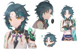 Rule 34 | 1boy, ahoge, aqua hair, arm tattoo, armor, belt, blue belt, blue gloves, blue hair, blue pants, closed mouth, commentary request, covered navel, crossed arms, dark blue hair, detached sleeves, diamond-shaped pupils, diamond (shape), eyeshadow, facial mark, fang, forehead mark, genshin impact, gloves, gold trim, highres, jewelry, long sleeves, looking at viewer, looking to the side, makeup, male focus, multicolored hair, necklace, open mouth, orange eyes, pants, pearl necklace, petals, red eyeshadow, shirt, short hair, shoulder armor, sidelocks, simple background, single bare shoulder, single detached sleeve, solo, symbol-shaped pupils, tassel, tattoo, teeth, two-tone hair, upper body, v-shaped eyebrows, white background, white shirt, wide sleeves, xiao (genshin impact), younomiti