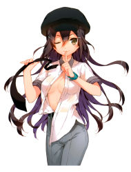 Rule 34 | 10s, 1girl, ;), absurdres, black hair, breasts, brown eyes, cabbie hat, cleavage, cuteg, finger to mouth, hat, highres, kono naka ni hitori imouto ga iru!, long hair, looking at viewer, mizutani ikusu, necktie, no bra, official art, one eye closed, open clothes, open shirt, scan, see-through silhouette, shirt, pants, smile, solo, untied, untucked, wink