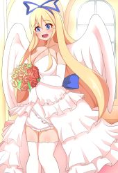Rule 34 | 1girl, aged up, alternate breast size, angel, angel wings, blonde hair, blue eyes, bouquet, bow, breasts, bride, cleavage, disgaea, dress, flonne, flower, hair bow, hair ornament, highres, huge breasts, long hair, open mouth, ribbon, smile, solo, standing, tagme, thighhighs, thighs, very long hair, wedding dress, white wings, wings, zettai ryouiki