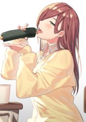 Rule 34 | aqua eyes, blush, brown hair, cardigan, commentary request, cup, desk, disposable cup, earrings, eating, ehoumaki, fellatio, food, from side, hair over one eye, highres, holding, holding food, itohana, jewelry, long hair, long sleeves, makizushi, open mouth, oral, original, paid reward available, profile, paid reward available, school desk, sexually suggestive, simulated fellatio, sitting, sleeves past wrists, stud earrings, sushi, tongue, tongue out, upper body, yellow cardigan
