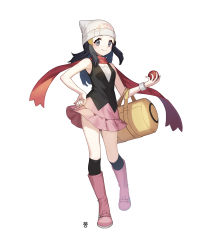 Rule 34 | 1girl, absurdres, bad id, bad twitter id, bag, beanie, black hair, black socks, blush, boots, closed mouth, commentary request, creatures (company), dawn (pokemon), duffel bag, eyelashes, floating scarf, full body, game freak, grey eyes, hair ornament, hairclip, hand on own hip, hat, highres, holding, holding poke ball, kneehighs, korean commentary, long hair, looking at viewer, mongguri, nintendo, pink footwear, poke ball, poke ball (basic), pokemon, pokemon dppt, red scarf, scarf, simple background, smile, socks, solo, standing, white background, white hat, yellow bag