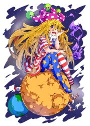 Rule 34 | 1girl, american flag, american flag dress, american flag legwear, artistic error, blonde hair, breasts, clownpiece, dress, earth (planet), fire, food, full body, hair between eyes, hat, head rest, highres, ishimu, jester cap, long hair, looking at viewer, mallet, medium breasts, mochi, mochitsuki, moon, neck ruff, open mouth, pantyhose, planet, polka dot, rabbit, red eyes, short dress, short sleeves, sitting, solo, space, star (sky), star (symbol), star print, striped clothes, striped pantyhose, torch, touhou, very long hair, wagashi
