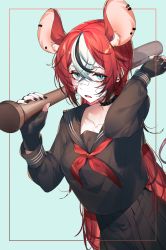 Rule 34 | 1girl, animal ears, bandaid, bandaid on cheek, bandaid on face, bandaid on nose, baseball bat, black gloves, black hair, black nails, blood, blood on face, blue eyes, collarbone, ear piercing, extra ears, fingerless gloves, gloves, hair between eyes, hakos baelz, highres, hololive, hololive english, long hair, mouse ears, mouse tail, multicolored hair, nail polish, parted lips, piercing, school uniform, serafuku, tail, virtual youtuber, white hair, ysoroth
