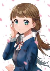 Rule 34 | 1girl, absurdres, blush, braid, breasts, brown hair, cherry blossoms, commentary, highres, kyaku tasu, long hair, looking at viewer, love live!, love live! superstar!!, low twintails, sakurakoji kinako, school uniform, signature, small breasts, smile, solo, twintails, upper body, white background, yuigaoka school uniform