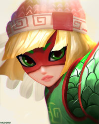 Rule 34 | @ @, armor, arms (game), artist name, beanie, blonde hair, blunt bangs, blunt ends, chinese clothes, chromatic aberration, commentary, domino mask, english commentary, eyebrows visible through mask, green eyes, hat, knit hat, lipstick, looking at viewer, makeup, mask, mcdobo, min min (arms), multicolored clothes, multicolored hat, parted lips, portrait, print headwear, scale armor, shiny skin, short hair, simple background, solo