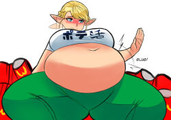 Rule 34 | 1girl, ass, bad source, belly, brand name imitation, breasts, elf, elf-san wa yaserarenai., erufuda-san, fat, food, french fries, huge ass, large breasts, long pointy ears, naofrut, navel, patting belly, plump, pointy ears, solo, sound effects, thighs