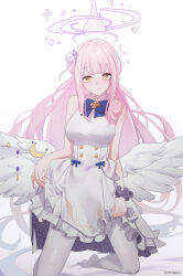Rule 34 | 1girl, blue archive, chilakkk, dress, halo, highres, long hair, mika (blue archive), pantyhose, pink hair, sleeveless, solo, very long hair, white dress, white pantyhose, white wings, wings, yellow eyes