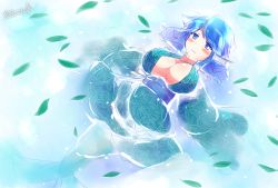 Rule 34 | 1girl, bad id, bad pixiv id, blue eyes, blue hair, blush, breasts, cleavage, fins, head fins, japanese clothes, kimono, kisaragi zwei, large breasts, matching hair/eyes, mermaid, monster girl, obi, partially submerged, sash, solo, swimming, touhou, wakasagihime