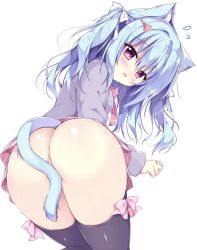 Rule 34 | 1girl, animal ears, ass, black thighhighs, blue hair, blush, bow, cat ears, cat girl, cat tail, commentary request, flying sweatdrops, grey shirt, hair between eyes, hair ornament, hairclip, herurun, long hair, long sleeves, looking at viewer, looking back, open mouth, original, panties, pink bow, pink skirt, plaid, plaid skirt, purple eyes, ribbon, shirt, simple background, skirt, solo, tail, tail censor, thighhighs, two side up, underwear, white background
