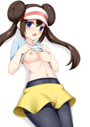 Rule 34 | 1girl, :o, black pantyhose, blue eyes, blue sleeves, blush, breasts, breasts out, brown hair, clothes lift, commentary request, creatures (company), double bun, game freak, hair bun, hat, lifted by self, long hair, looking at viewer, medium breasts, navel, nintendo, nipples, no bra, open mouth, pantyhose, pantyhose under shorts, pokemon, pokemon bw2, raglan sleeves, rosa (pokemon), shirt, shirt lift, short sleeves, shorts, sidelocks, simple background, solo, toshishikisai, twintails, visor cap, white background, white hat, white shirt, yellow shorts
