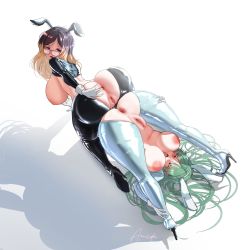 Rule 34 | 2girls, absurdres, amidasketchbook, animal ears, anus, ass, ass-to-ass, back, blonde hair, blue eyes, blush, boots, breasts, fake animal ears, from above, glasses, gloves, gradient hair, green hair, hanging breasts, highres, huge ass, huge breasts, indie virtual youtuber, ivory lotafia, large breasts, legs up, lipstick, long hair, lying, makeup, marina (vtuber), meme attire, multicolored hair, multiple girls, nipples, on back, purple eyes, purple hair, pussy, rabbit ears, reverse bunnysuit, reverse outfit, shiny clothes, sideboob, simple background, spread legs, swept bangs, thigh boots, two-tone hair, virtual youtuber, yuri