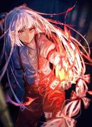 Rule 34 | 1girl, :|, arm at side, arm garter, beekan, blunt bangs, blurry, blurry background, bow, closed mouth, collared shirt, commentary, cowboy shot, embers, eyebrows hidden by hair, fire, fire, fujiwara no mokou, hair bow, highres, long hair, long sleeves, looking at viewer, ofuda, ofuda on clothes, pants, red eyes, red pants, shirt, solo, suspenders, touhou, very long hair, white bow, white hair, white shirt