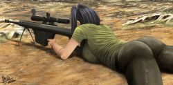 Rule 34 | 1girl, absurdres, alternate costume, anti-materiel rifle, ass, barrett m82, bipod, blue hair, breasts, from behind, from side, green shirt, gun, highres, hololive, hololive english, large breasts, lying, magazine (weapon), muzzle device, on stomach, ouro kronii, rifle, scope, shirt, sniper rifle, steb, thighs, virtual youtuber, weapon, weapon request