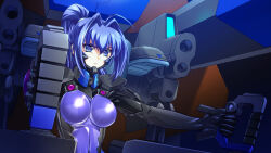 Rule 34 | 1girl, blue eyes, blue hair, bodysuit, bou (inubou), breasts, cockpit, fortified suit, game cg, hayase mitsuki, highres, large breasts, long hair, mecha, muv-luv, muv-luv alternative, official art, pilot suit, ponytail, purple bodysuit, robot, sitting, solo