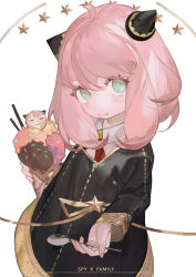 Rule 34 | 1girl, anya (spy x family), closed mouth, collared shirt, commentary, cowboy shot, english commentary, english text, eyebrows hidden by hair, eyelashes, food, glycan, gold trim, green eyes, hair between eyes, highres, holding, holding spoon, horns, ice cream, looking at viewer, medium hair, neckerchief, outstretched arm, pink hair, red neckerchief, shirt, simple background, smile, solo, spoon, spy x family, star (symbol), white background, white shirt