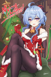 Rule 34 | 1girl, absurdres, ahoge, apple, bare shoulders, black pantyhose, blue hair, boots, christmas, christmas tree, commentary, dress, elbow gloves, food, fruit, fur-trimmed boots, fur-trimmed dress, fur trim, ganyu (genshin impact), genshin impact, gloves, highres, holding, holding food, holding fruit, horns, indoors, knee up, long hair, looking at viewer, off-shoulder dress, off shoulder, open mouth, pantyhose, purple eyes, red dress, red footwear, red gloves, short dress, sidelocks, sitting, solo, superraiser, thighs