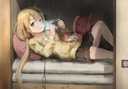 Rule 34 | 10s, 1girl, ahoge, ari hinoko, black eyes, black skirt, buttons, candy, candy wrapper, chewing, commentary request, earbuds, earphones, food, futaba anzu, handheld game console, holding, idolmaster, idolmaster cinderella girls, light, long hair, long sleeves, long twintails, looking at viewer, low twintails, lying, on back, on bed, pillow, playstation portable, pleated skirt, skirt, solo, stuffed animal, stuffed rabbit, stuffed toy, sweater, twintails, wrapper, zashiki-warashi