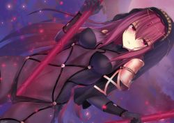 Rule 34 | 1girl, blush, bodysuit, breasts, dual wielding, fate/grand order, fate (series), gae bolg (fate), holding, holding weapon, kesoshirou, long hair, looking at viewer, purple eyes, purple hair, scathach (fate), scathach (fate), solo, veil, weapon