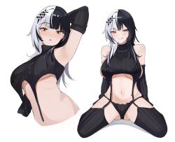 Rule 34 | 1girl, alternate costume, arm up, armpits, bare shoulders, black garter straps, black hair, black panties, black sweater, black thighhighs, blush, breasts, commentary, cropped torso, english commentary, garter straps, hair ornament, highres, hololive, hololive english, ku roiko, large breasts, long hair, looking at viewer, meme attire, multicolored hair, multiple views, navel, open mouth, panties, ribbed panties, ribbed sleeves, ribbed thighhighs, shiori novella, simple background, sleeveless, sleeveless sweater, sleeveless turtleneck, smile, split-color hair, stomach, sweater, teeth, thighhighs, turtleneck, turtleneck sweater, two-tone hair, underwear, virgin destroyer sweater, virtual youtuber, white background, white hair, x hair ornament, yellow eyes