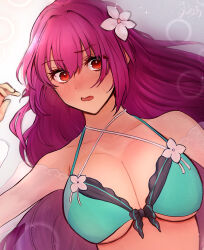 Rule 34 | 1girl, bikini, blush, breasts, cleavage, commentary request, fate/grand order, fate (series), flower, fufufu hehehe, green bikini, hair flower, hair ornament, highres, jacket, large breasts, long hair, looking at viewer, open mouth, purple hair, red eyes, scathach (fate), scathach skadi (fate), scathach skadi (swimsuit ruler) (fate), scathach skadi (swimsuit ruler) (final ascension) (fate), see-through, see-through jacket, solo, swimsuit