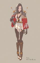 Rule 34 | 1girl, ahoge, armor, bad id, bad twitter id, boots, breasts, brown footwear, brown hair, cape, cleavage, closed mouth, dated, full body, gauntlets, grey background, grey eyes, hand on own hip, highres, knee boots, light smile, long hair, looking at viewer, original, parted bangs, pauldrons, pigeon-toed, pleated skirt, red cape, reido (reido c), shoulder armor, signature, simple background, skirt, solo, standing, sword, weapon, weapon on back, white skirt