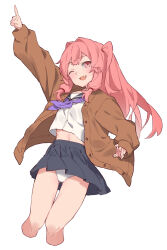 Rule 34 | 1girl, arm up, black sailor collar, black skirt, brown jacket, cropped legs, fang, feet out of frame, highres, index finger raised, jacket, kotonoha akane, long hair, long sleeves, navel, one eye closed, open clothes, open jacket, open mouth, panties, pink eyes, pink hair, pleated skirt, sailor collar, school uniform, serafuku, simple background, skirt, smile, solo, underwear, voiceroid, white background, white panties, yamamomo (plank)