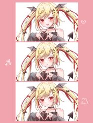 Rule 34 | 1girl, :o, puff of air, absurdres, black bow, black dress, black ribbon, blonde hair, blush, bow, commentary, demon girl, demon tail, demon wings, dress, fang, heart, heart-shaped pupils, heart hands, highres, indie virtual youtuber, kuroma mihana, long hair, looking at viewer, multicolored hair, null maru, pink background, red bow, red eyes, red hair, ribbon, smile, solo focus, streaked hair, symbol-shaped pupils, tail, twintails, virtual youtuber, wings