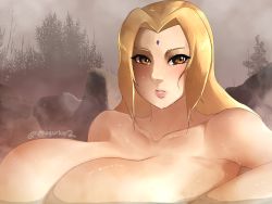 Rule 34 | 1girl, bare shoulders, blonde hair, breasts, brown eyes, cleavage, facial mark, forehead jewel, forehead mark, highres, huge breasts, large breasts, long hair, looking at viewer, naruto, naruto (series), nude, parted lips, solo, tsunade (naruto), upper body, wet