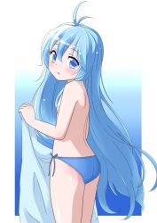 Rule 34 | 10s, 1girl, ahoge, antenna hair, back, blanket, blue eyes, blue hair, blue panties, blush, censored, convenient censoring, denpa onna to seishun otoko, embarrassed, hair over breasts, hair over one breast, kuri youkan, lingerie, long hair, looking at viewer, looking back, matching hair/eyes, open mouth, panties, panties only, side-tie panties, solo, topless, touwa erio, underwear, underwear only, very long hair