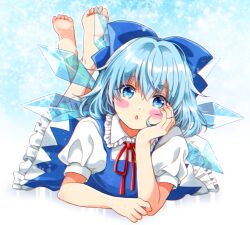 Rule 34 | 1girl, barefoot, blue bow, blue dress, blue eyes, blue hair, blush stickers, bow, cirno, cirno day, collared shirt, dress, fairy, fingernails, frilled dress, frilled shirt collar, frills, hair between eyes, hair bow, ice, ice wings, okawa friend, open mouth, pinafore dress, puffy short sleeves, puffy sleeves, shirt, short hair, short sleeves, sleeveless, sleeveless dress, solo, touhou, white shirt, wings