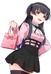 Rule 34 | 1girl, bag, black hair, black ribbon, black skirt, black thighhighs, blunt bangs, brown eyes, collar, commentary request, cowboy shot, dutch angle, frilled collar, frilled shirt, frills, hair over shoulder, hand on own hip, heart, high-waist skirt, high collar, holding, holding bag, idolmaster, idolmaster shiny colors, kamille (vcx68), long hair, long sleeves, looking at viewer, mayuzumi fuyuko, meme attire, miniskirt, neck ribbon, open mouth, pink shirt, ribbon, shirt, shopping bag, simple background, skirt, smirk, solo, standing, straight hair, sweatdrop, thighhighs, thighs, two side up, valentine, virgin killer outfit, white background, zettai ryouiki