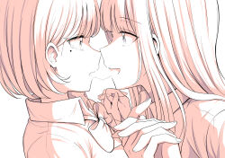 Rule 34 | 2girls, after kiss, betock, blush, bow, bowtie, collarbone, commentary request, ear blush, eye contact, from side, greyscale, highres, holding hands, interlocked fingers, long hair, looking at another, monochrome, multiple girls, noses touching, original, profile, saliva, saliva trail, school uniform, short hair, spot color, tears, upper body, yuri