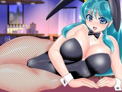 Rule 34 | 1girl, absurdres, animal ears, blue eyes, bow, bowtie, breasts, cleavage, fake animal ears, fishnet pantyhose, fishnets, green hair, highres, large breasts, leotard, long hair, looking at viewer, lum, okamoto fujio, open mouth, pantyhose, playboy bunny, rabbit ears, smile, solo, urusei yatsura, wrist cuffs